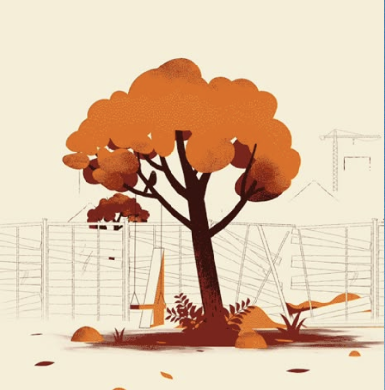 Stylized illustration of an autumn tree with vibrant orange foliage. A swing hangs from one of its branches. In the background, a sketchy fence and a distant construction crane are visible against a light beige, textured background. Orange leaves are scattered on the ground.